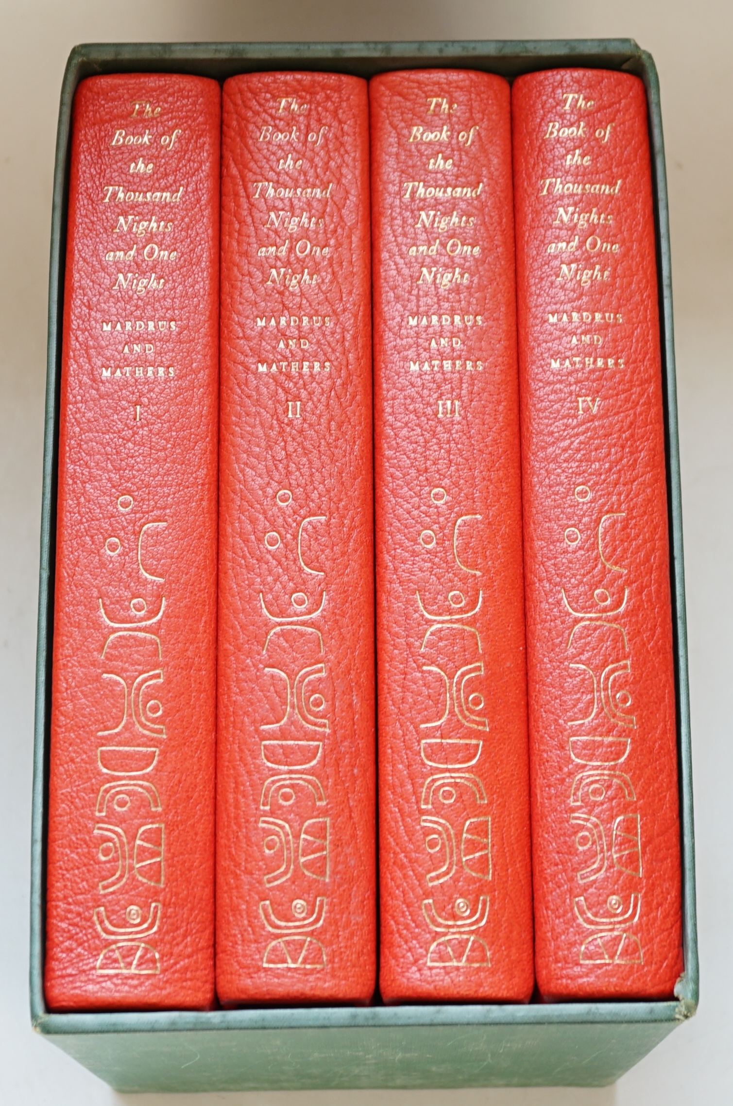 Folio Society - The Book of the Thousand Nights and One Night, rendered into English from the literal and complete French translation of Dr J. C. Mardrus by Powys Matheurs, 4 vols, 3rd impression , each with 13 illustrat